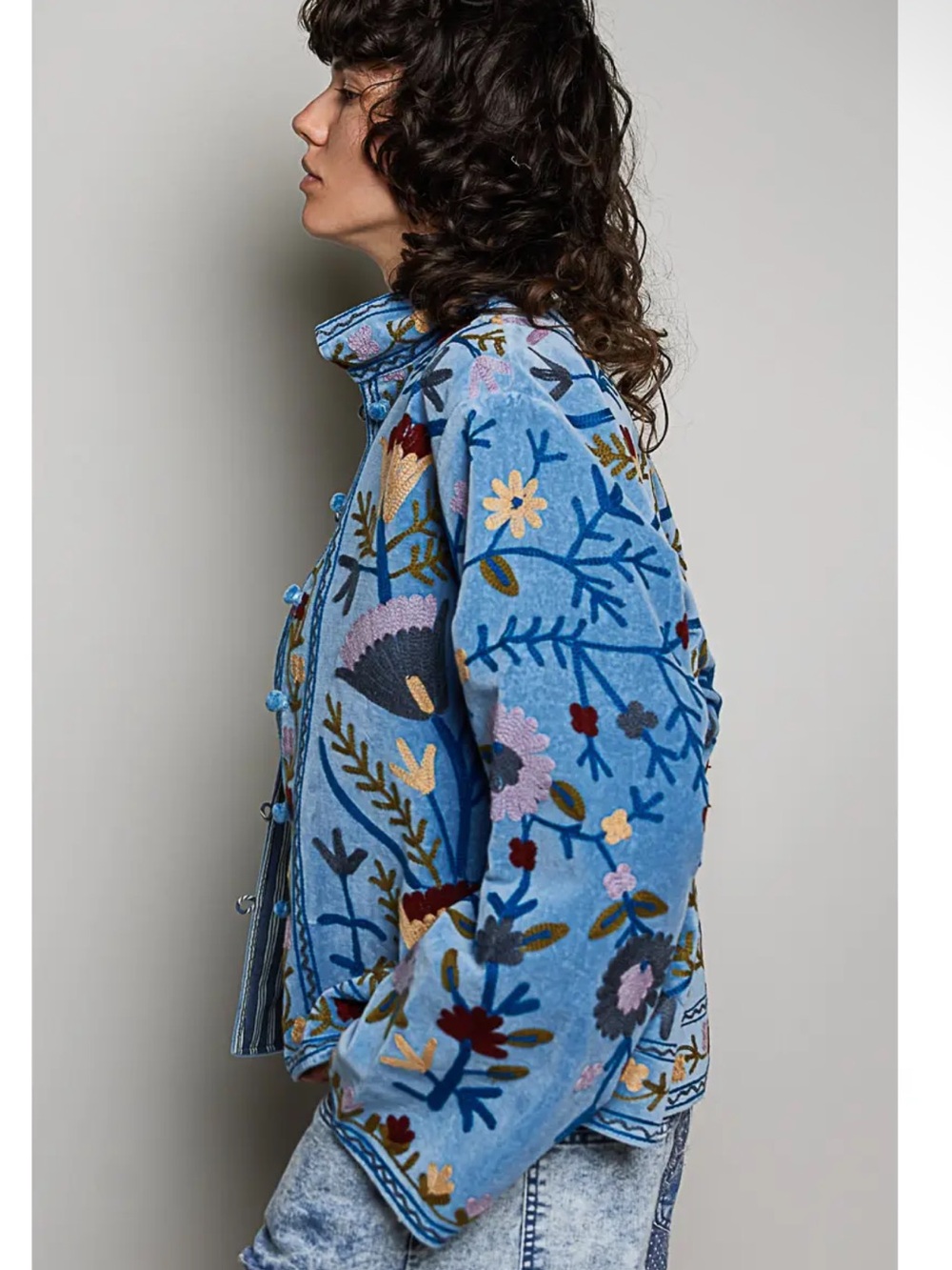 POL Denim Blue Cotton Velvet Embroidered Floral Suzani Jacket - Picture 3 of 6